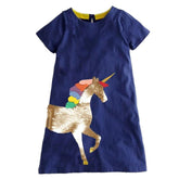 Rochita casual din bumbac, Unicorn, paiete reversibile, bleumarin
